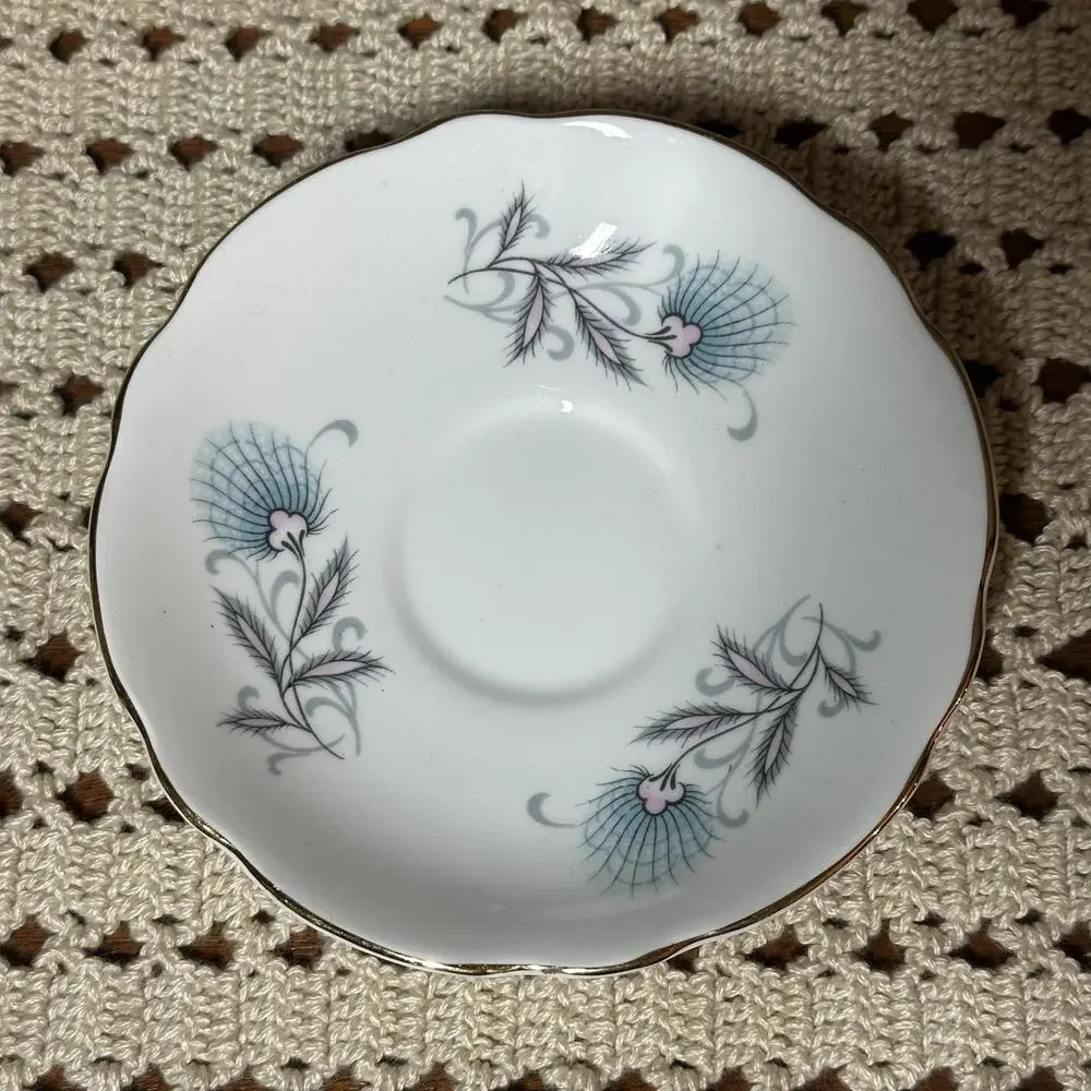 Royal Ascot England Bone China Teacup & Saucer Blue Floral Flowers Gold Trim Vtg